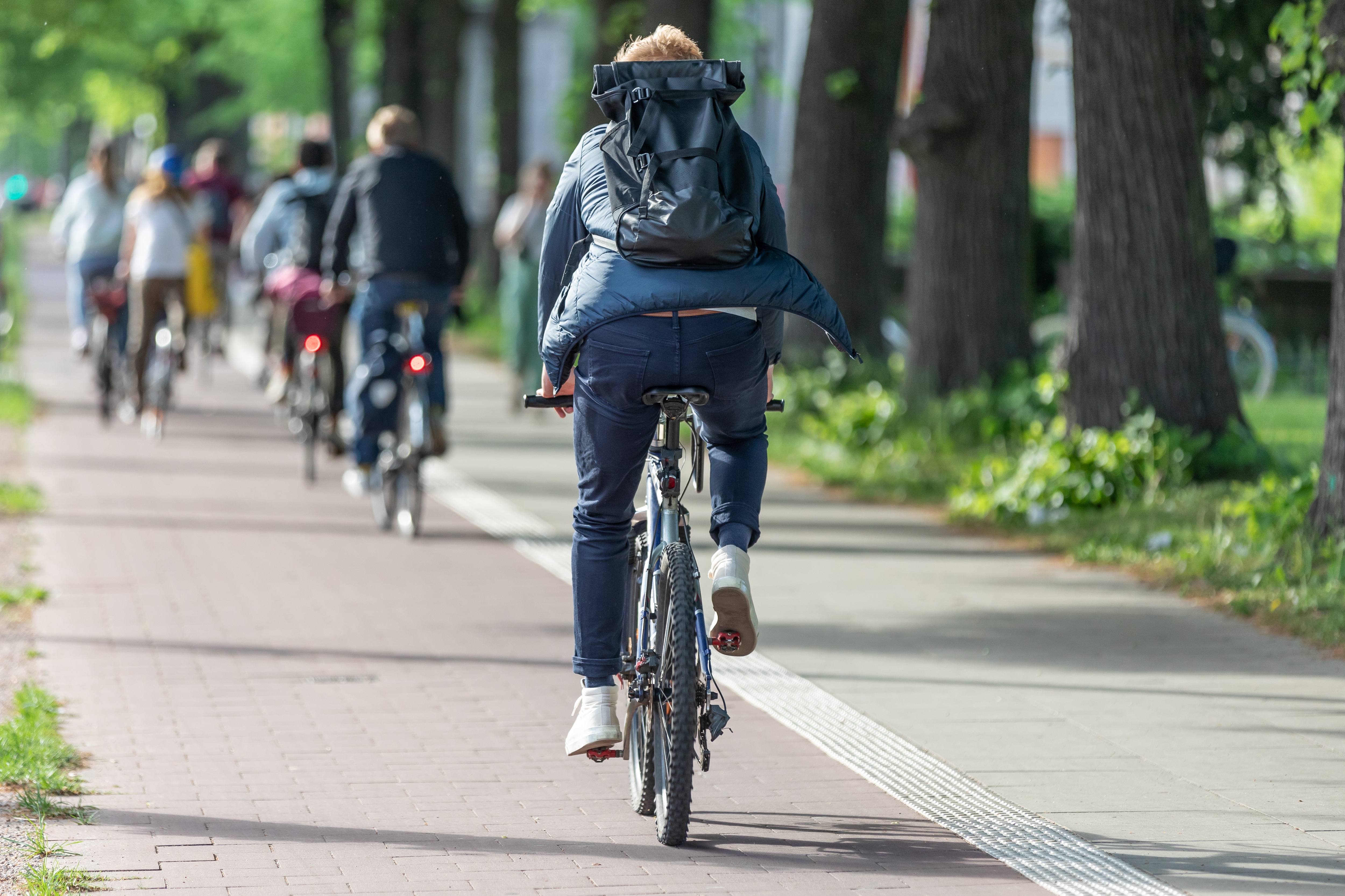 Eine Gruppe Radfahrer von hinten auf den Fahrradweg auf dem Weg zur Arbeit.