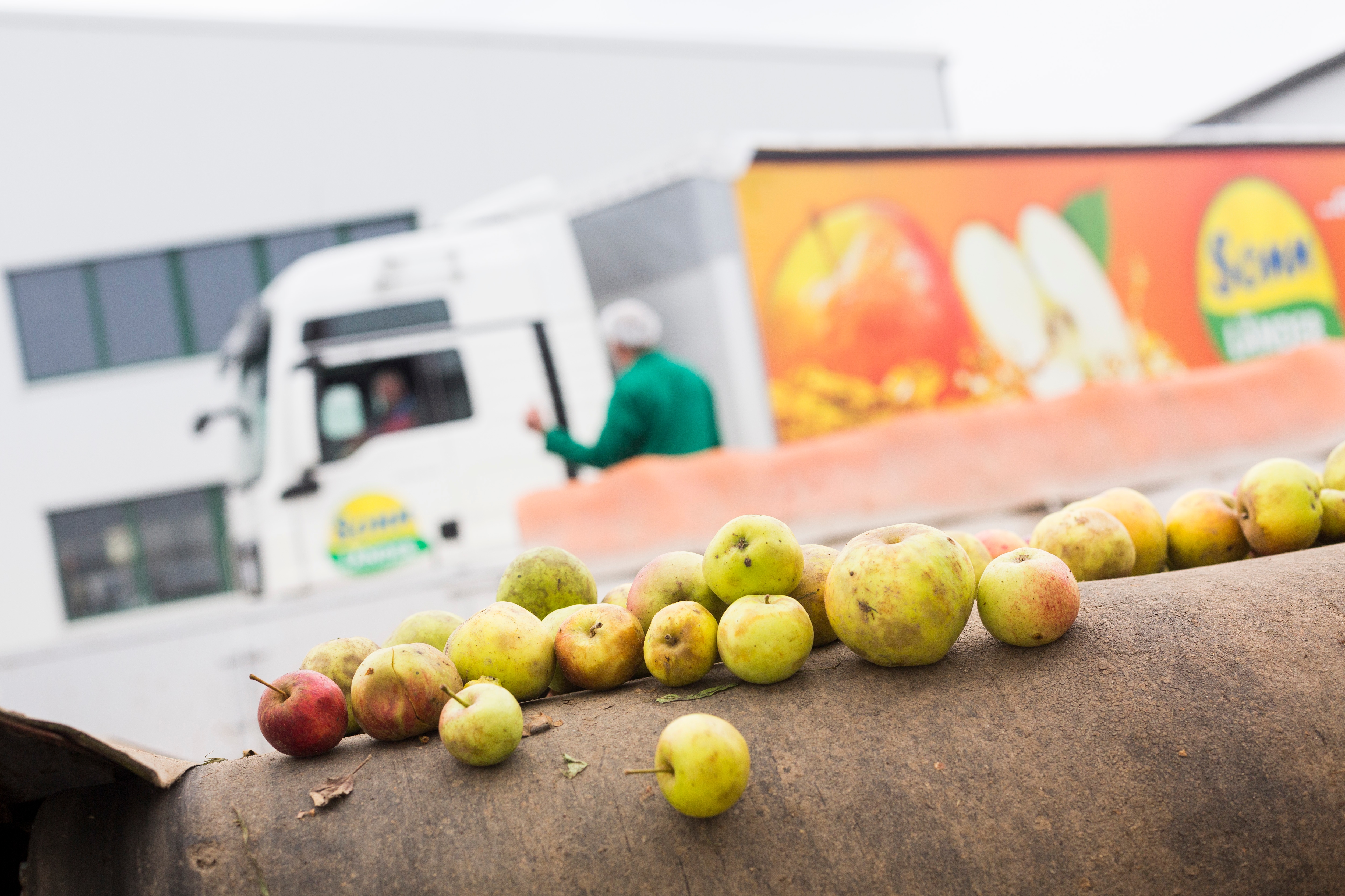 Grün-rote Äpfel liegen auf einer braunen Fläche. Dahinter unscharf ein Lastwagen.