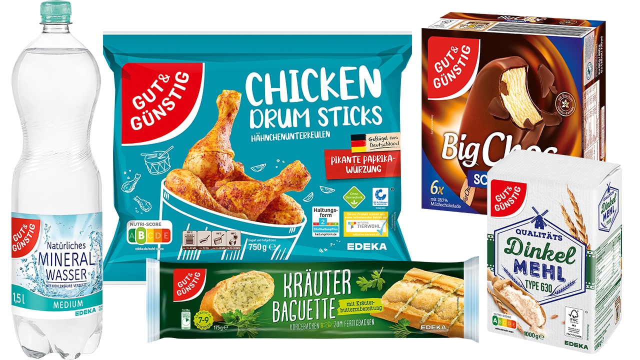 Collage verschiedener Lebensmittel der EDEKA Eigenmarke gut und günstig, z.B. Mineralwasser, Chicken Drum Sticks, Dinkelmehl.