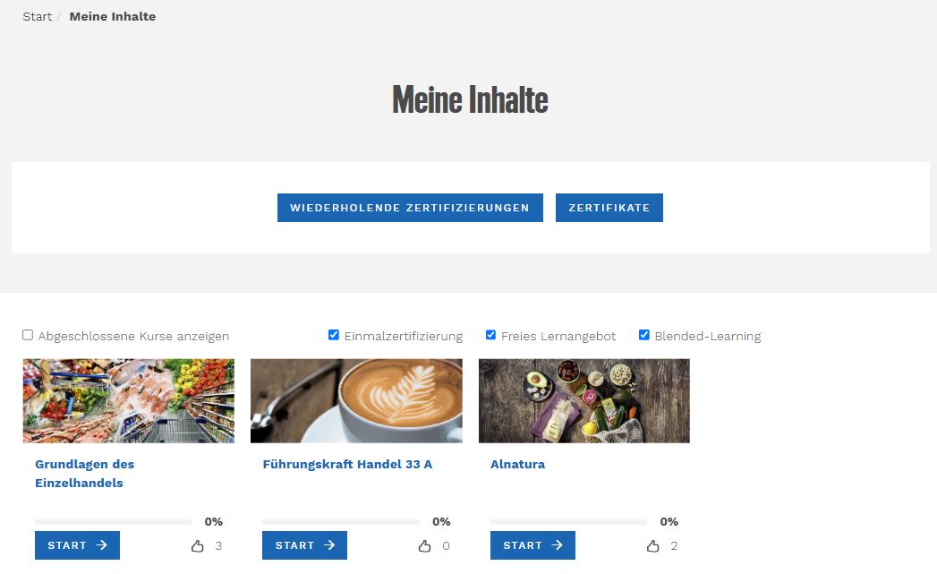Screenshot meiner Inhalte für Lernende