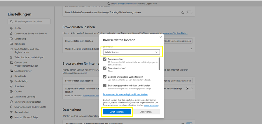 Screenshot wie man seinen Cache (Browserdaten) leert