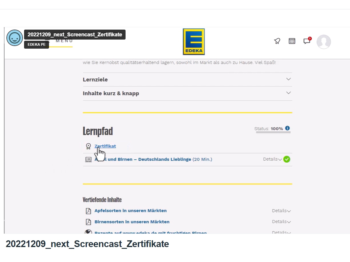 Screenshot wie man das Zertifikat aufruft im Lernpfad