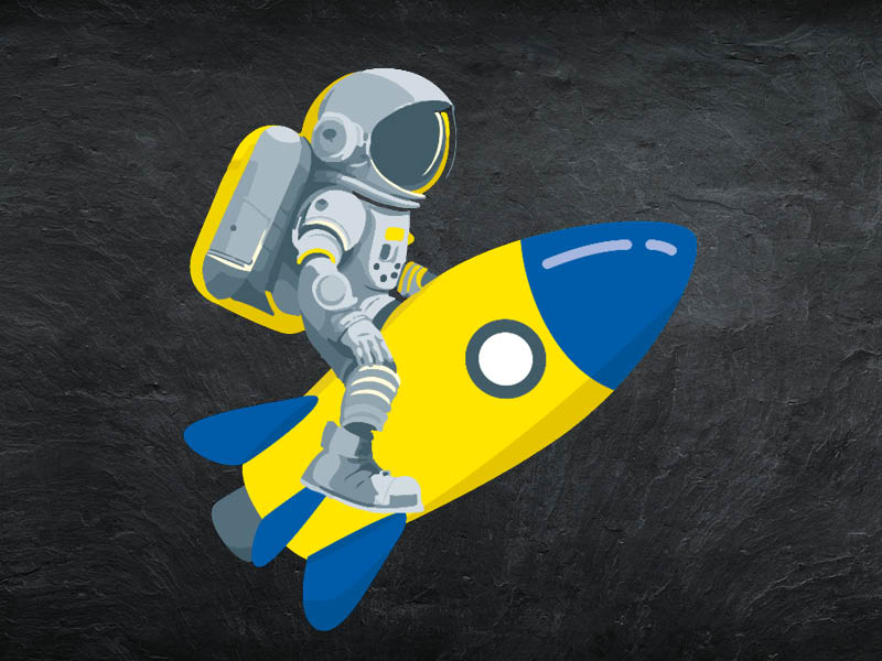 Astronaut auf Rakete vor Tafelhintergrund