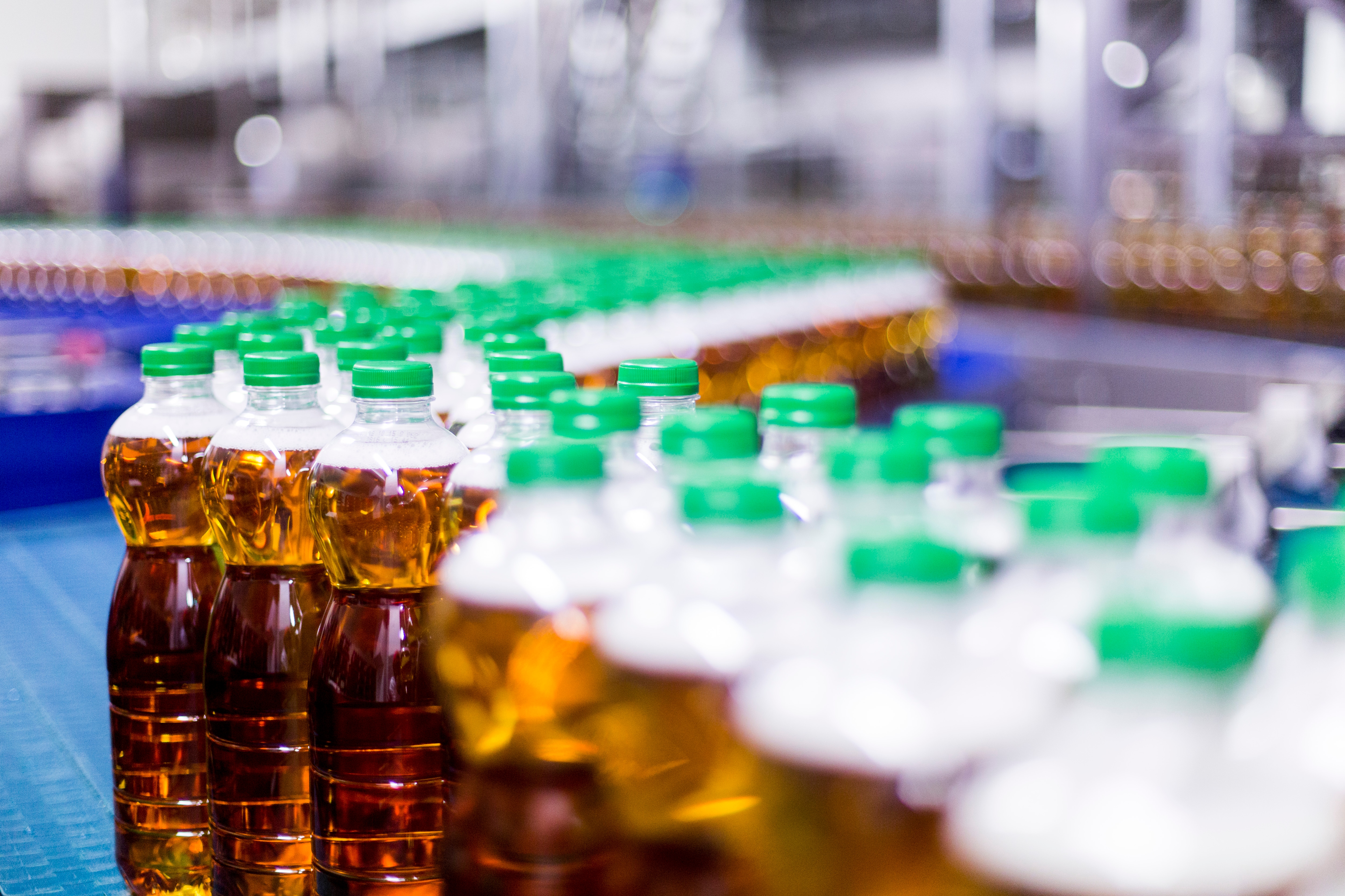 Flaschenabfüllanlage einer Saftproduktion. Auf dem Band stehen durchsichtige Plasticflaschen mit grünem Schraubverschluss.
