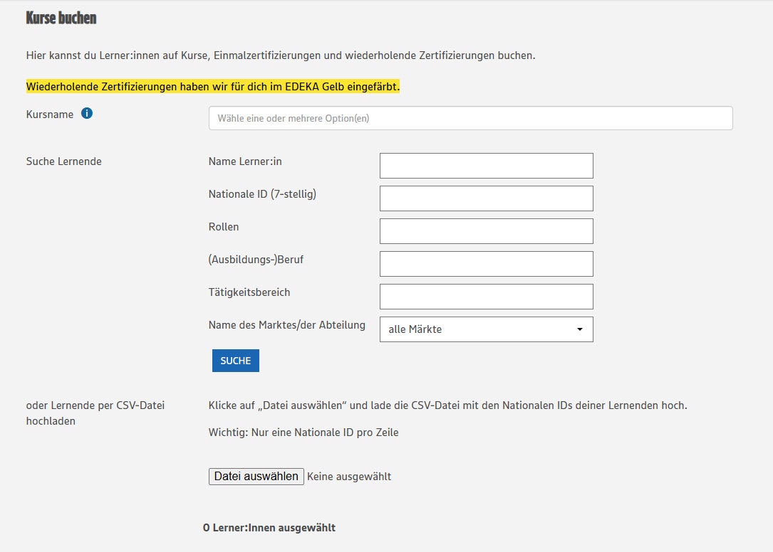 Screenshot der Kursbuchung für Beauftragte