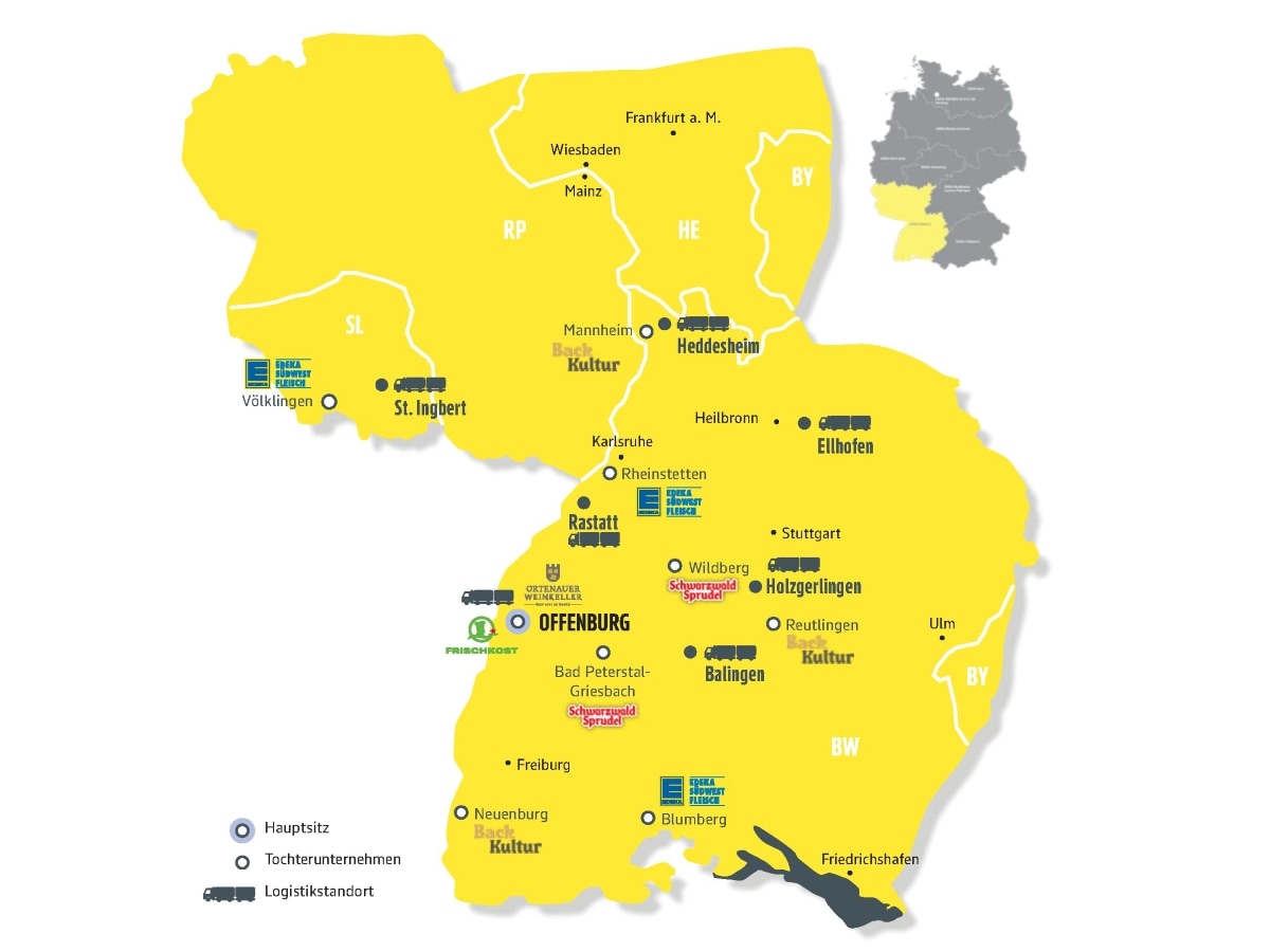 Das Vertriebsgebiet erstreckt sich über Baden-Württemberg, Rheinland-Pfalz, Saarland, den Süden Hessens und Teile Bayerns