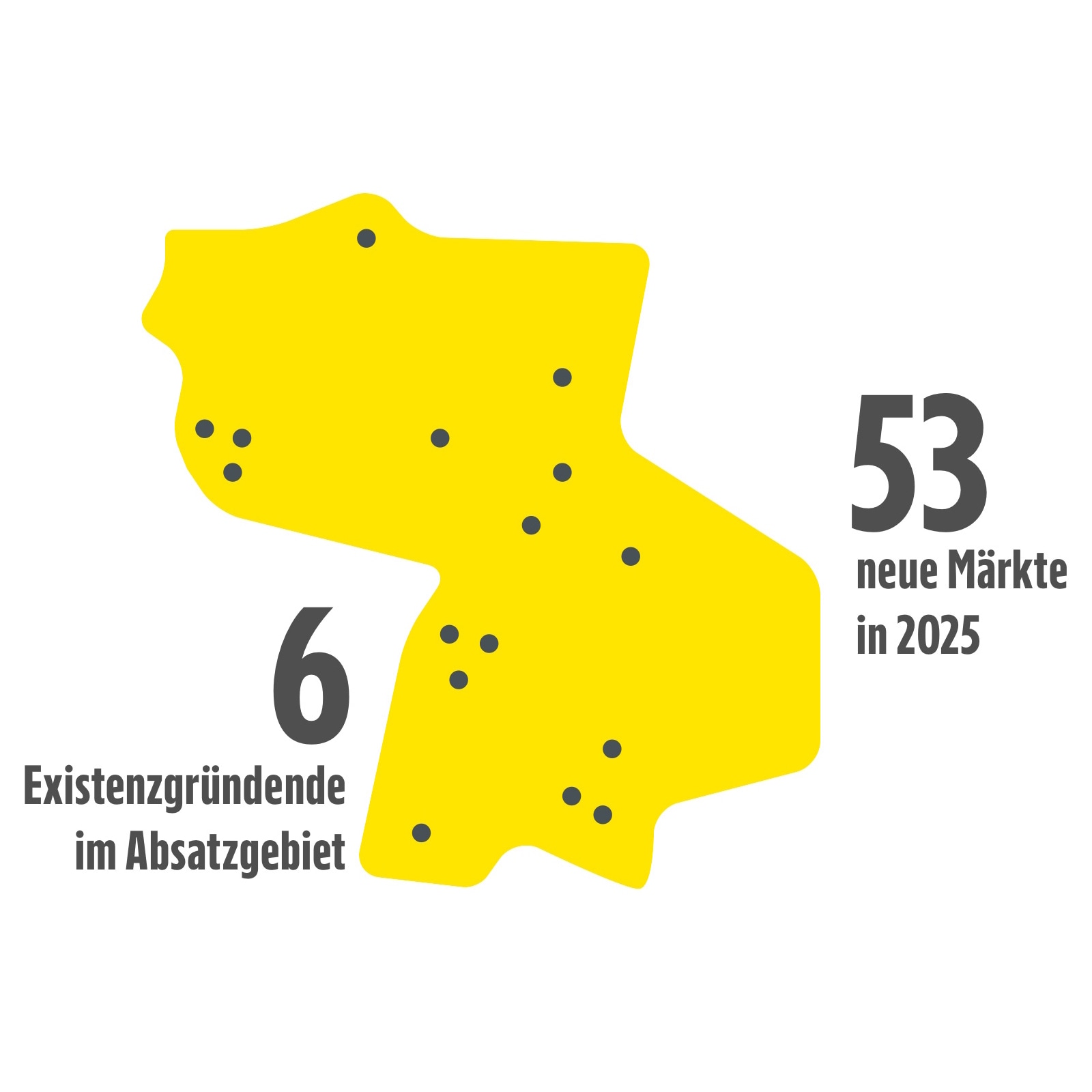 Eine gelbe Gebietskarte mit symbolischen schwarzen Punkte für die Standorte.
