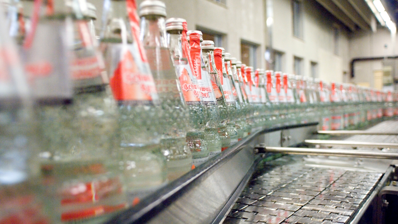 Sprudelflaschen von Schwarzwald-Sprudel werden mit einen rot-grauen Etikett in der Produktionsstraße gezeigt.