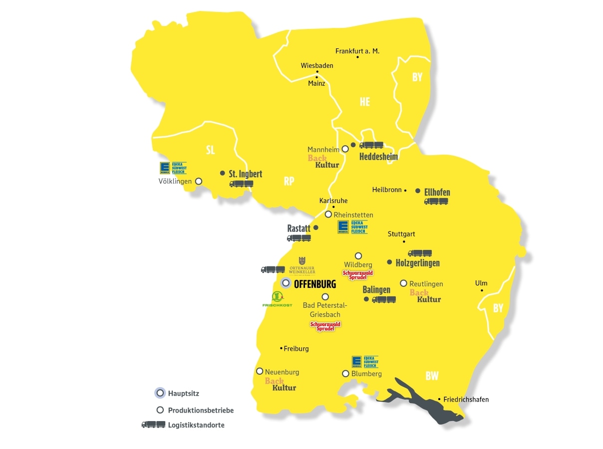 Landkarte: Weißer Hintergrund mit gelbem Gebiet der EDEKA Südwest. Logistikstandorte und Produktionsbetriebe sind vermerkt.