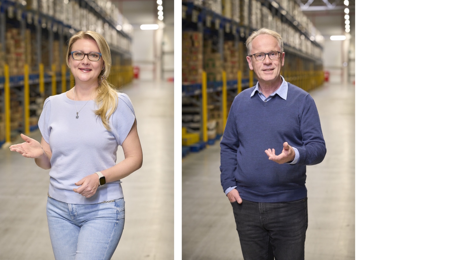 Helena Meisner und Manfred Eckerle führen die Besuchergruppen bei einer Betriebsbesichtigung am Logistikstandort Rastatt.